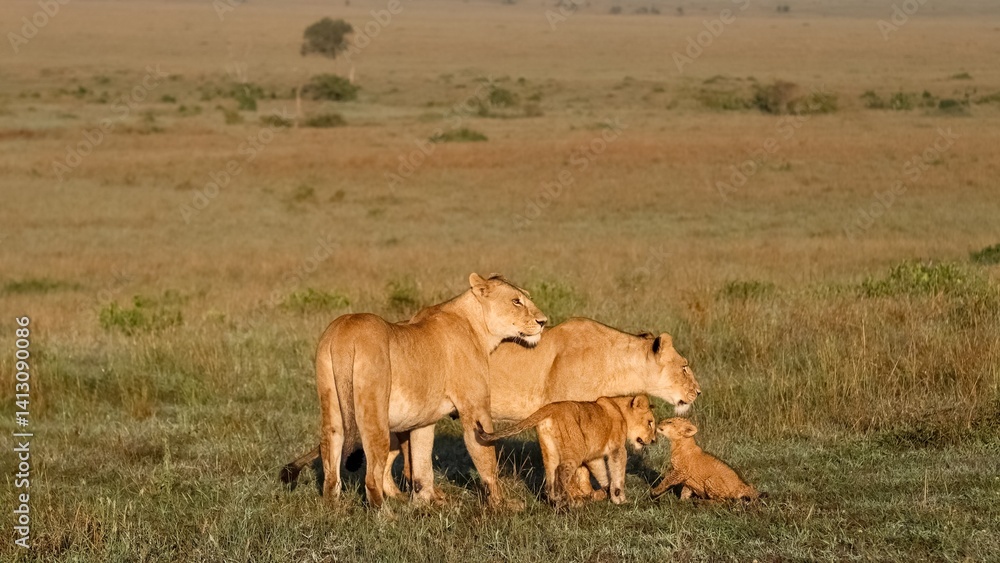 Fototapeta premium Two lionesses protecting their cubs in the Masai Mara National Reserve, Kenya