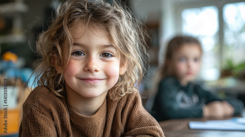 A smiling girl with curly hair sits at a table with a blurred figure in the background A smiling girl with curly hair sits at a table with a blurred figure in the background