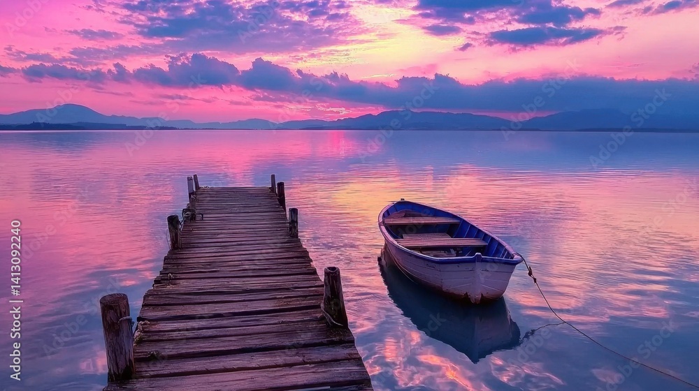 Obraz premium A tranquil lakeside view captures a small blue and white boat gently floating beside an old wooden dock. The sunset casts vibrant hues of purple and pink across the calm water