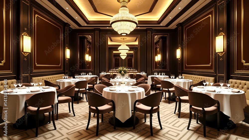 Obraz premium Luxurious Art Deco dining area with gold accents and geometric patterns. Home décor.