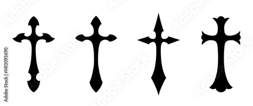 Isolaed Black Dark Cross symbol Tattoo, Cheistian icon, Clip art for Decoration, Gothic and Old Fashion style illustration, on white background (Editable)