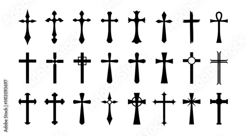 Black Cross vector symbol collection, Isolated Jesus Christ icon set, Gothic, Old fashion, Dark Tattoo graphic elements for decoration, Silhouette Easter Clip art, illustration (Editable)