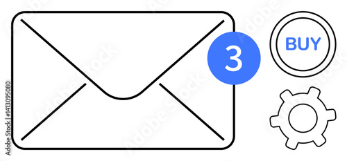 Envelope with notification circle, BUY button, and gear symbolizing email alerts, online shopping, and settings. Ideal for business, communication, e-commerce, technology updates notifications