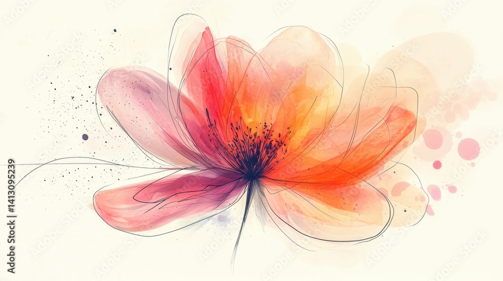 Naklejka premium A striking watercolor flower showcases a blend of orange and pink hues with flowing lines. The artwork captures the flower's delicate beauty and artistic elegance