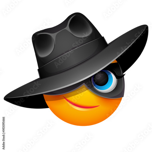Zorro emoji with black eye mask on white background. Cute emoticon in Zorro eye mask and black hat