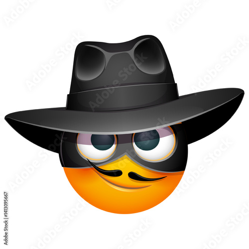 Zorro emoji with black eye mask on white background. Cute emoticon in Zorro eye mask and black hat