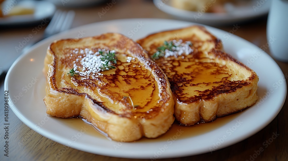 Two golden-brown french toast slices topped with sugar and herbs. Two golden-brown french toast slices topped with sugar and herbs.