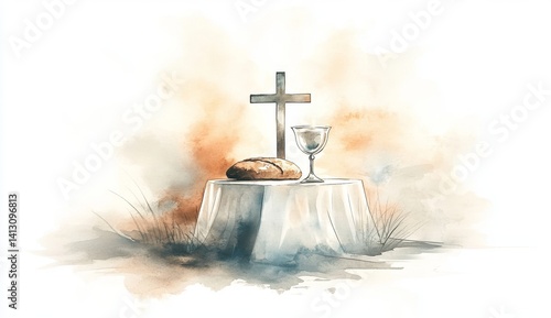 Watercolor painting of bread with glass of wine and cross. Christian communion concept for reminder of Jesus sacrifice.	