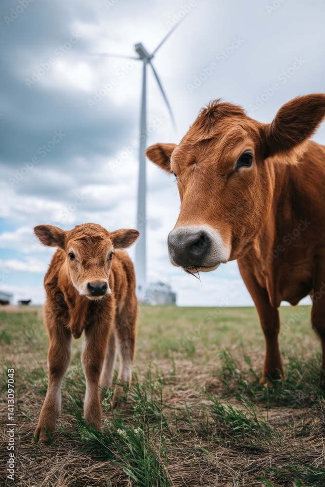 A mother cow and her young calf are calmly feeding near a large windmill. A mother cow and her young calf are calmly feeding near a large windmill.