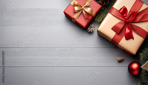 Christmas Red Gift Box with Golden Ribbon and Ornaments at the Top Corner, on a Grey Wooden Rusted Background, Copy Space, Empty Space, Holiday, Gifts, Present, Surprise, Card, Valentine, Birthday