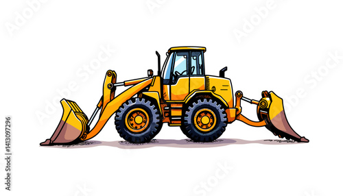 Yellow Backhoe Loader with Buckets on a White Background  