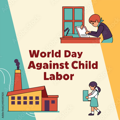 World Day Against Child Labor: A poignant illustration commemorating the World Day Against Child Labor, featuring symbolic representations of children in adverse situations.