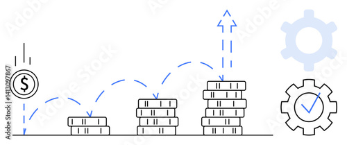 Coin stacks increasing in height with upward arrow, dollar sign coin dropping, and gear with check. Ideal for investment, growth, business, finance, success, strategy achievement flat simple