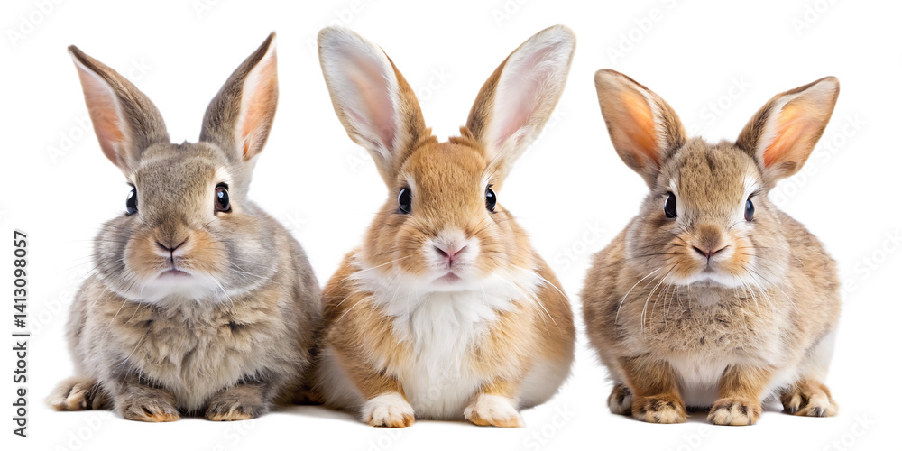 Obraz premium Studio portrait of cute rabbit isolated on transparent png background, happy bunny running on floor, adorable fluffy rabbit that sniffing isolated on white background PNG