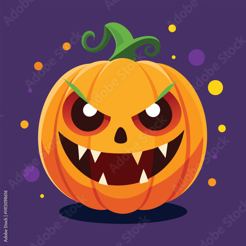 Spooky orange halloween pumpkin vector with a scary face, bats, and jack-o-lantern illustration 