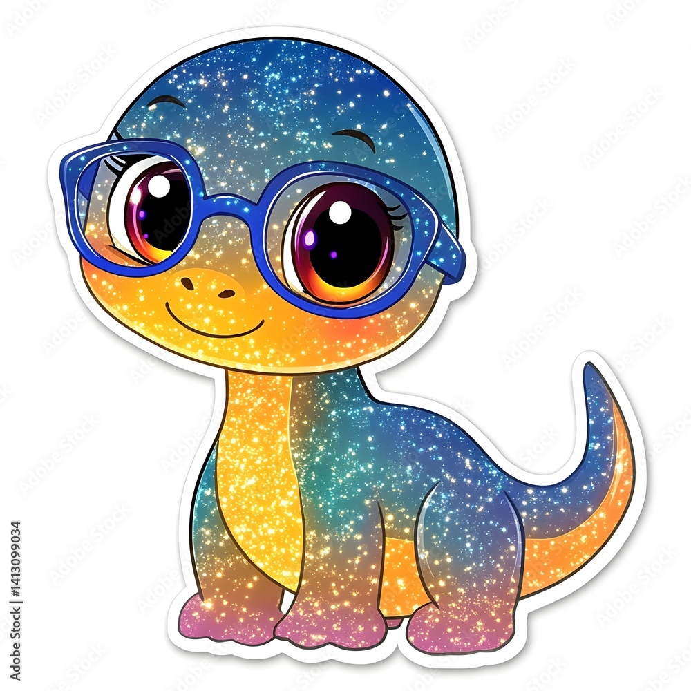 Fototapeta premium Colorful dinosaur character with glasses, showcasing a whimsical design filled with stars and sparkles in a playful style