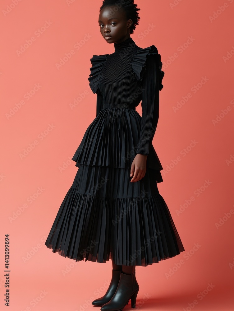 Naklejka premium Elegant Black Dress with Ruffled Detailing