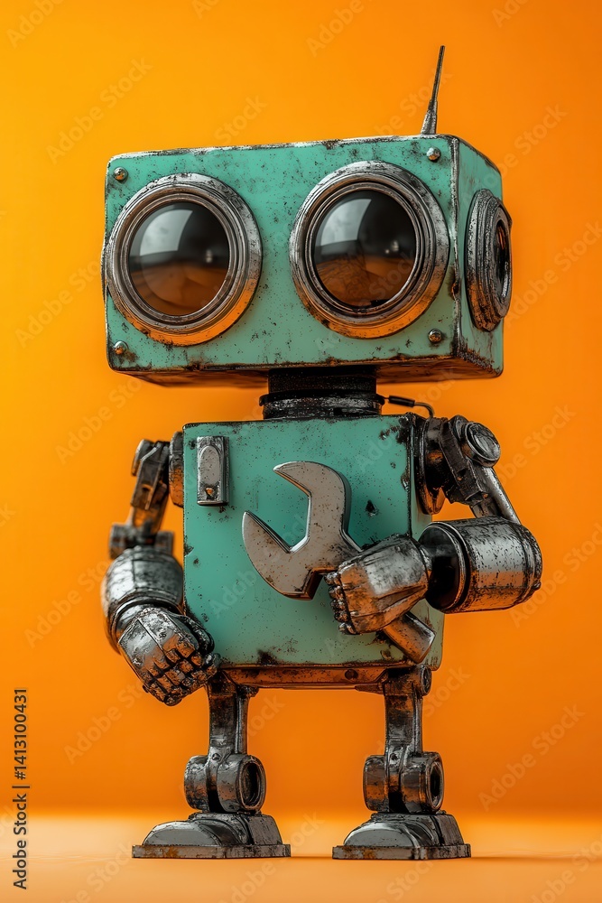 Mechanical robot with oversized eyes and a wrench in vibrant setting Mechanical robot with oversized eyes and a wrench in vibrant setting