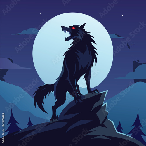 Dark Werewolf Howling at Full Moon on Mountain Peak with Night Sky and Forest Background Illustration
