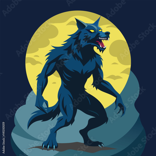Dark Werewolf Howling at Full Moon on Mountain Peak with Night Sky and Forest Background Illustration
