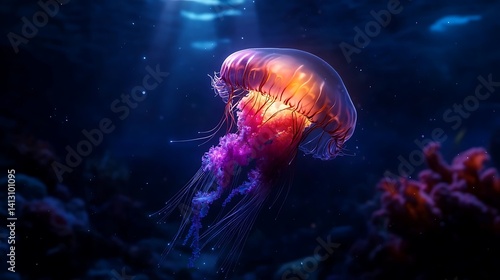 Luminous jellyfish glows in the deep ocean.