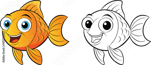 funny fish cartoon and fish coloring page kids book 