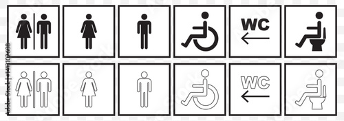 Set of restroom, toilet icon collection. Male and female restroom. Vector Illustration on Transparent Background. EPS 10.
