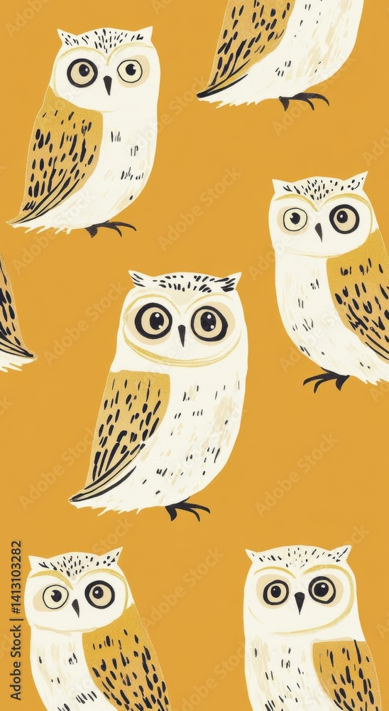 Obraz premium Stylized Owls Repeat Pattern on Yellow Background
