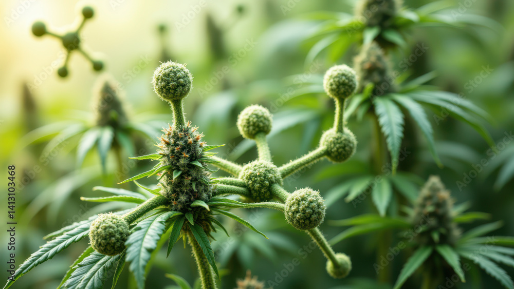 A close-up of a cannabis plant displaying green flowers and THC crystals. A close-up of a cannabis plant displaying green flowers and THC crystals.