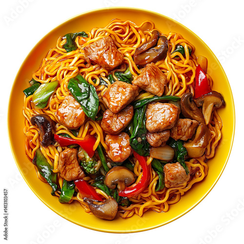 a circular yellow plate shot top down of meat and vegetable stir fry noodles, realistic food photography, isolated on a White background.