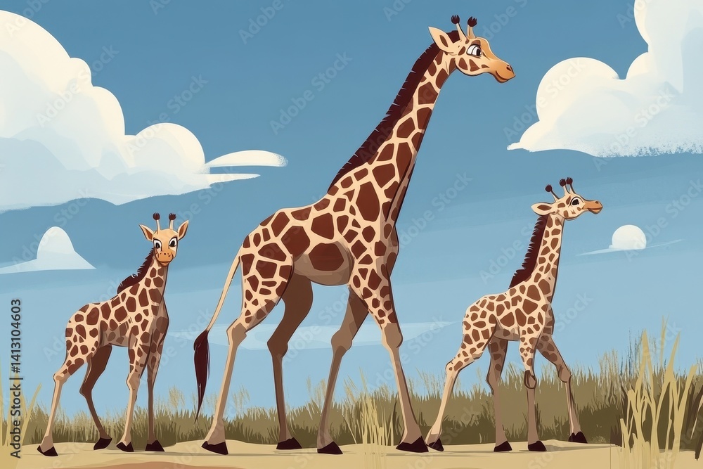 Obraz premium Giraffe family walks together across the savannah under a blue sky and fluffy clouds, A giraffe family is walking in the savannah