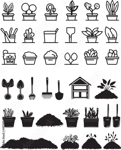 Set of Soil ground and gardening editable stroke on white background