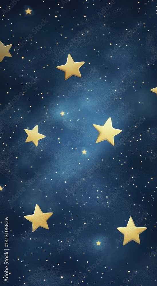 Naklejka premium Golden Stars Shimmering on Dark Blue Night Sky Background
