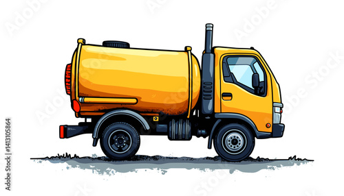Cartoon yellow sewage truck side view on a simple background  