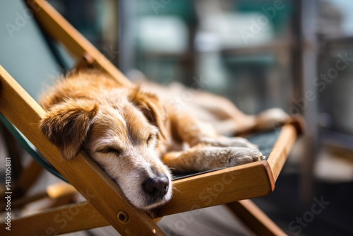 A dog relaxing comfortably on a deck chair, soaking up the warm sunshine. photo