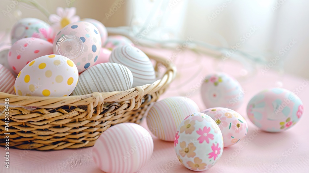 Fototapeta premium Soft pastel Easter eggs featuring polka dots floral motifs stripes scattered from a wicker basket on a pale pink table perfect for spring season themes Easter decorations or festive visuals