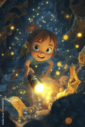 Wallpaper Mural Smiling Girl with Flashlight Exploring Dark Cave with Glowing Light Particles Torontodigital.ca