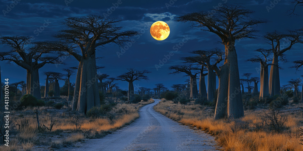 Fototapeta premium Majestic baobab trees under full moonlit night sky in african landscape