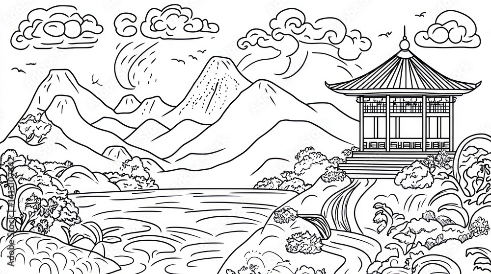 Fototapeta premium Asian landscape drawing, pagoda, mountains, lake, coloring book image