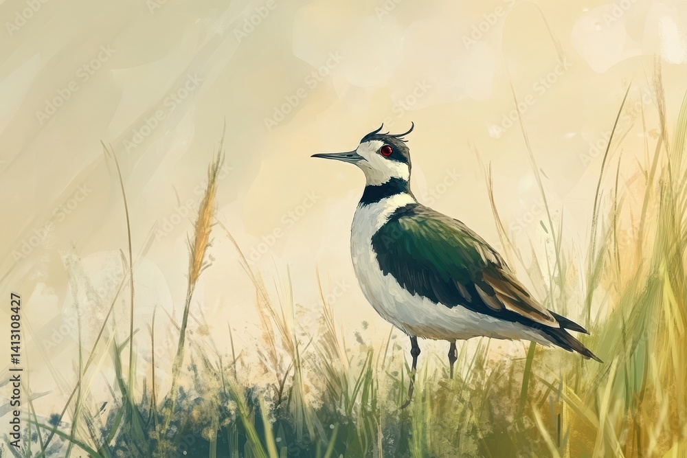 Obraz premium Northern Lapwing foraging in a grassland habitat on a sunny day, Northern Lapwing Vanellus vanellus in the wild