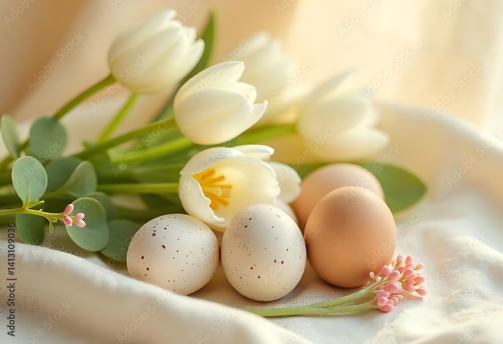 Elegant beige Easter background with delicate white flowers, speckled quail eggs, green leaves, and soft glowing sparkles. Perfect for Easter greetings, invitations, social media posts, spring-theme Elegant beige Easter background with delicate white flowers, speckled quail eggs, green leaves, and soft glowing sparkles. Perfect for Easter greetings, invitations, social media posts, spring-theme