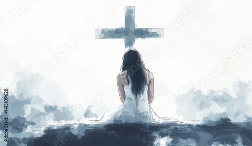 Watercolor painting of woman praying in front of a cross.
