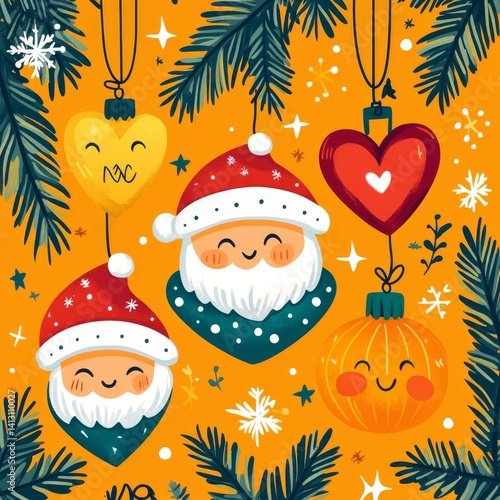 This seamless pattern boasts a modern design on a red background, incorporating Christmas tree toys and decorations that capture the essence of winter holidays, and can be utilized for a range of