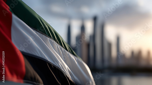 UAE national flag waving with beautiful clouds and city skyline in the background, UAE flag, United Arab Emirates, drone shot, skyline, clouds, city view, waving flag, national pride, independence day