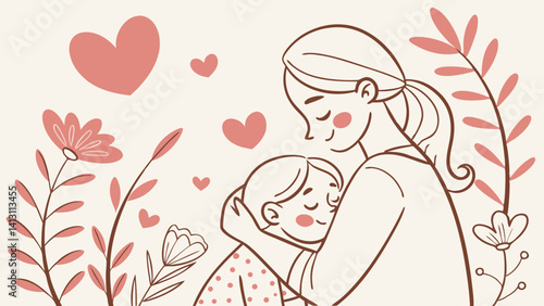 Mother tenderly embracing her child surrounded by flowers and hearts