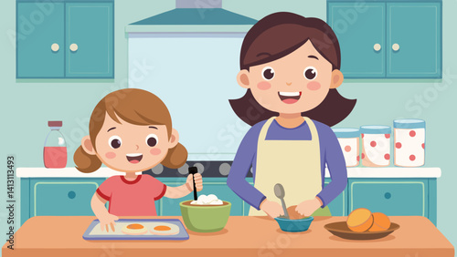 Happy Mother Daughter Baking Cookies in Kitchen