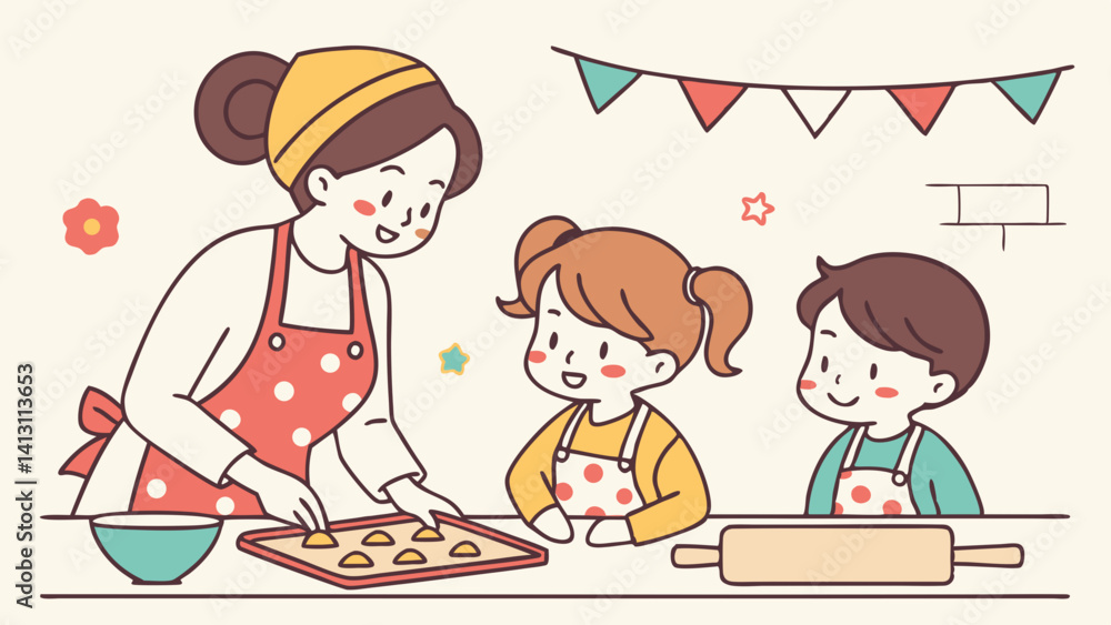 Happy family baking cookies together in kitchen Happy family baking cookies together in kitchen