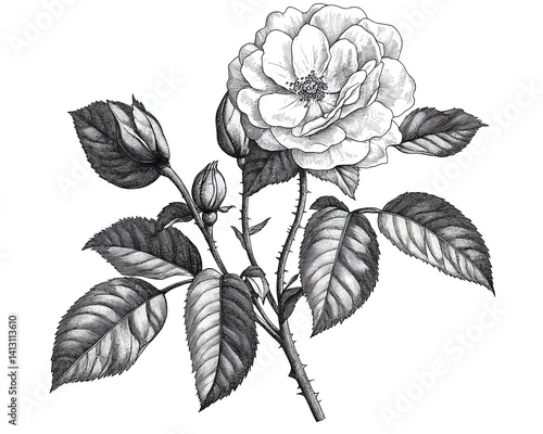 Isolated on white botanical scientific illustration of rose in black ink with vintage academic diagram feel