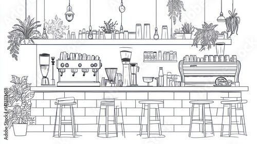 Coffee shop interior design, black and white illustration, modern cafe, background