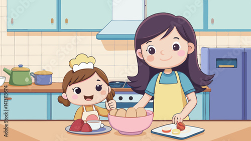 Happy mother and daughter baking in kitchen